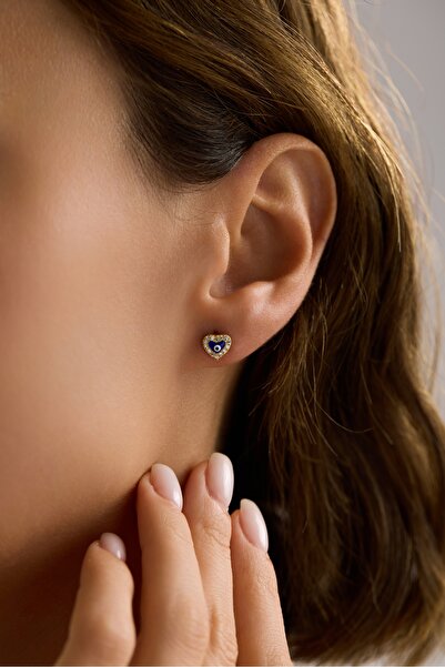 Nereze 925 Ayar Gümüş Gold Kaplama Nazar Kalp Model Küpe