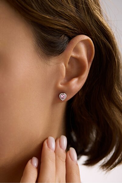 Nereze 925 Ayar Gümüş Rodyum Kaplama Pembe Taşlı Kalp Model Küpe