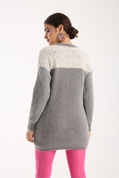 Moda Days Women's Gray Glitter Beard Yarn Color Block Crew Neck Knitwear Sweater