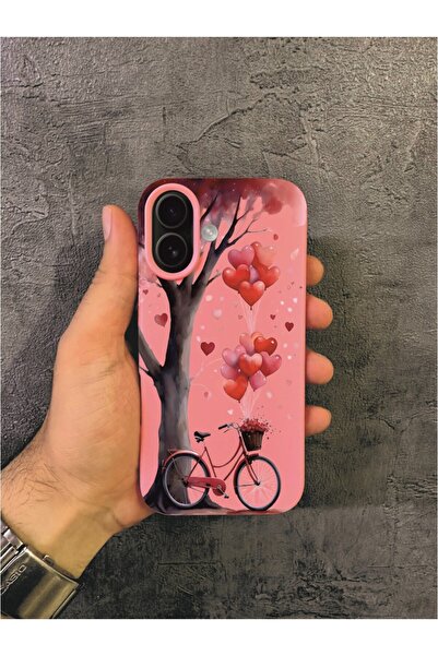 ALYACEPSTORE CASE حافظة هاتف وردية اللون متوافقة مع آيفون 16 بلس بتصميم شجرة الحب والدراجة