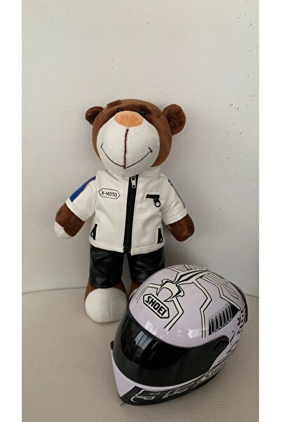CeymSTecH Desenli Kask Deri Kostüm 30cm Oyuncak Ayı Motosiklet Dekorasyon Zarif Peluş Oyun