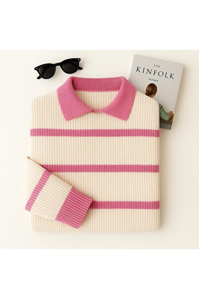 moda mh KADIN SELANİK ÖRGÜ POLO YAKALI ÇİZGİLİ OVERSİZE TARZ KAZAK