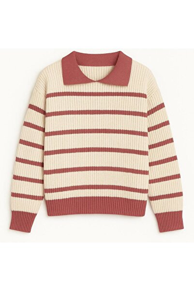 moda mh Women's Selani̇k Knitted Polo Neck Striped Oversize Style Sweater