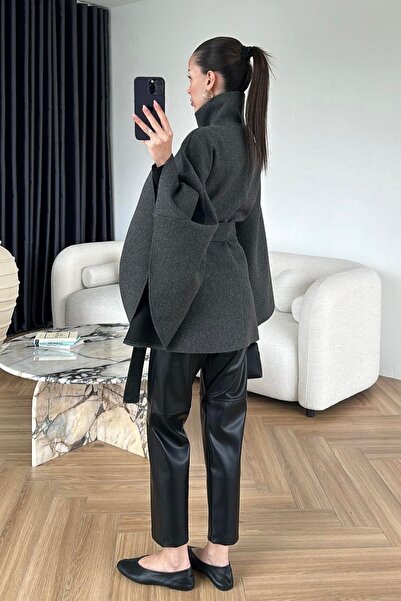 FMN Moda Women's Stand Collar Buttoned Sash Detail Cashmere Fabric Loose Fit Design Pinterest Brand Equivalent Poncho Coat