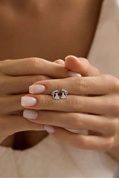 Nereze 925 Ayar Gümüş Rodyum Kaplama Minik Beyaz Taşlı Kedi Küpe