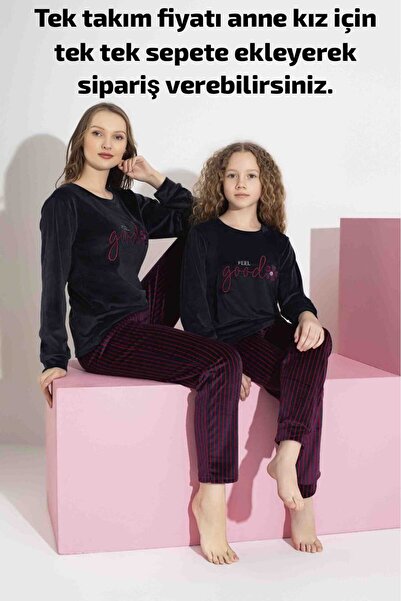 Mine style anne kız kadife- lacivert bonjour nakışlı çizgili desenli kışlık Fransız kadife pijama takımı
