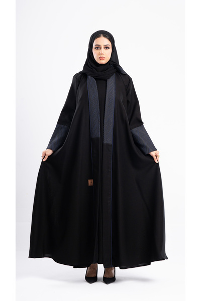 Hasnaa Abaya عباية نهى مزينة بقماش جاكار كحلي مع قيطان