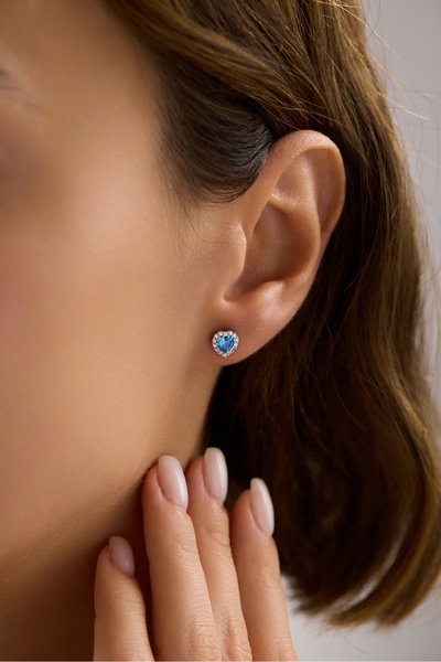 Nereze 925 Ayar Gümüş Rodyum Kaplama Aquamarin Taşlı Kalp Model Küpe