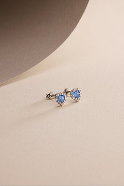 Nereze 925 Ayar Gümüş Rodyum Kaplama Aquamarin Taşlı Kalp Model Küpe