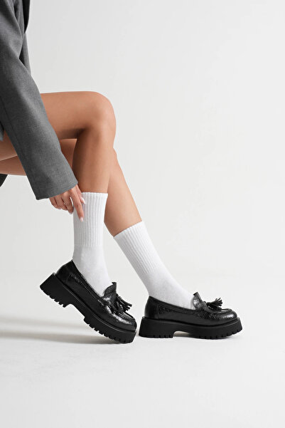 MFT AYAKKABI Дамски ежедневни мокасини с ресни в черно кроко