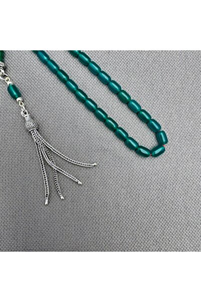 ASLAN Tesbih 925 Ayar Gümüş Püsküllü Bilek Boy Zümrüt Yeşili Sıkma Kehribar Tespih