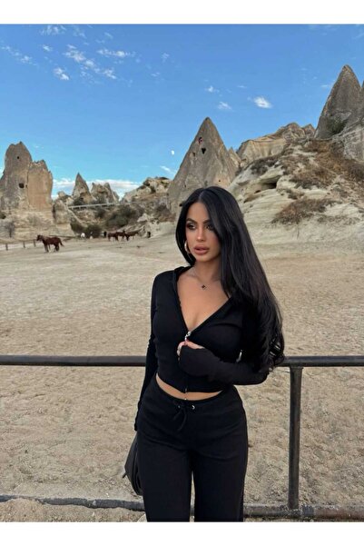 albaroda Set de pantaloni și pantaloni de trening pentru femei, negru, cu fixare prin degete cu glugă