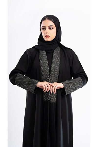 Hasnaa Abaya عباية نهى مزينة بقماش جاكار زيتي مع قيطان