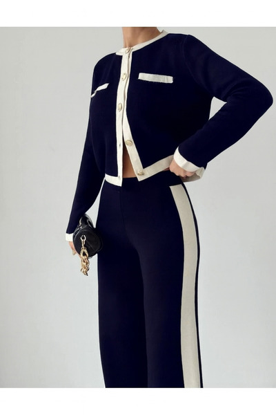 Lusin Women's Navy Blue Gold Button Detailed Cardigan Pants Bottom Top Two-Piece Knitwear Set (New Color)