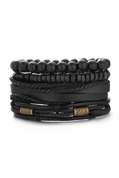 OEM Set 4 Men's Bracelets, Leather Adjustable Vintage Retro Black