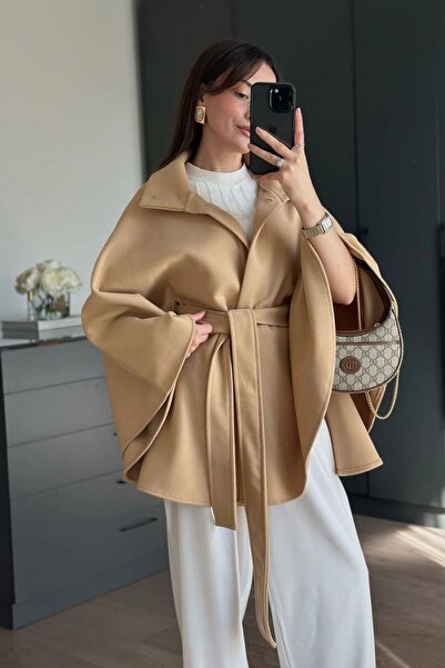 FMN Moda Women's Stand Collar Buttoned Sash Detail Cashmere Fabric Loose Fit Design Pinterest Brand Equivalent Poncho Coat