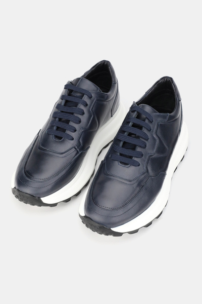 TUNAELLİ Men's Dark Blue Genuine Natural Leather Size 39-46 Eva Sole Lace-Up Sneaker Shoes