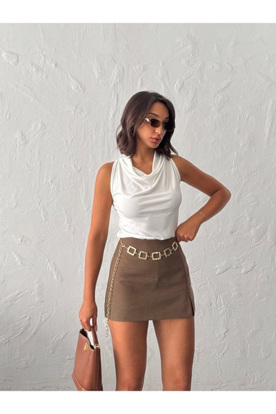 peralist Women's Beige Degaje Collar Buttoned Sleeveless Sandy Fabric Blouse