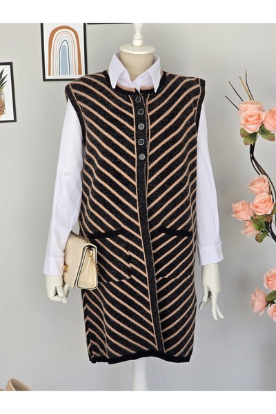 ENDAMIM Long Wool Knitwear Front 3 Buttons Striped Plus Size Knitwear Vest