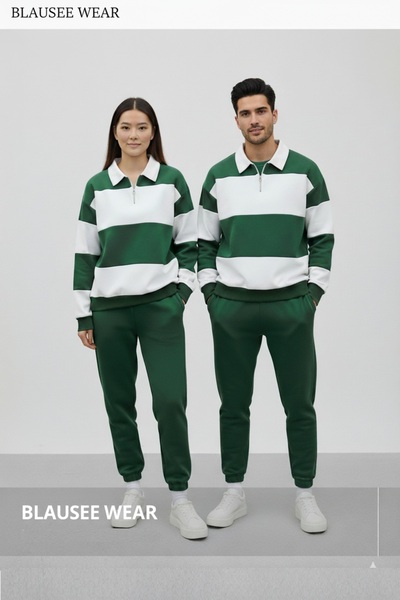 blausee wear Unisex Couple Lover Combination Green and White Patchwork 3 Thread Winter Polo Neck Sweatshirt Tracksuit Set