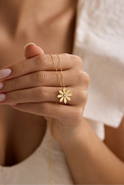 Nereze 925 Ayar Gümüş Gold Kaplama Zirkon Taşlı Kır Çiçeği Kolye