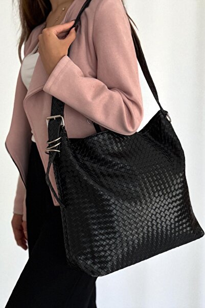 Classbag Πλεκτή Λεπτομέρεια Μαύρη Μαλακή Δερμάτινη Casual Μεγάλη Γυναικεία Τσ...
