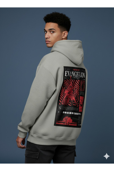 By Caspita Fashion Lenithra Evangelion Back Printed Unisex Oversize Gray Hoodie