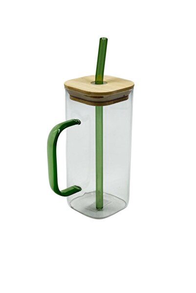 MOSTAFA Glass coffee or matcha mug with handle and straw, with wooden lid