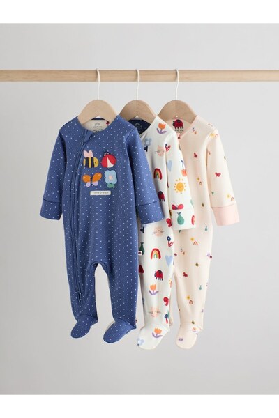 Next Baby طقم بيجامة قطنية من 3 قطع بنمط زهور كريمي أزرق بحري