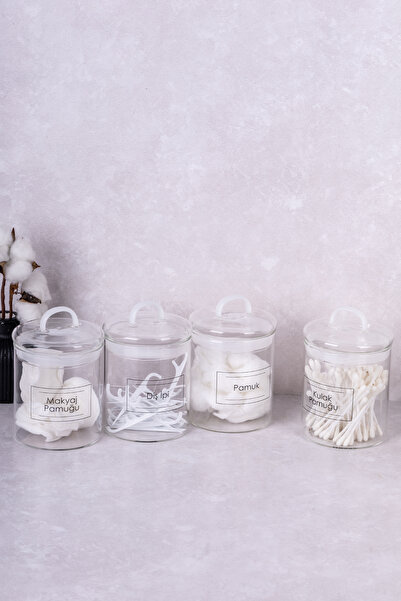 DNS HOME Set de 4 din bumbac Set de baie din sticlă Bumbac pentru urechi Bumbac pentru ață dentară Bumbac pentru machiaj Set de organizare pentru recipiente de depozitare