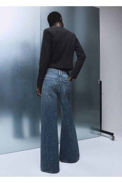 MANGO Woman Strass taşlı wide leg jean pantolon