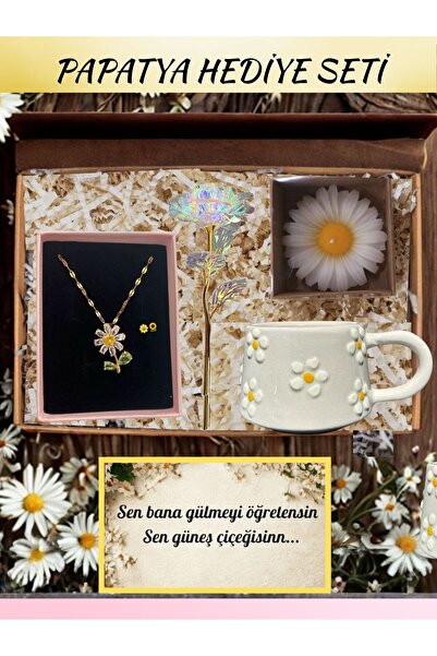 Le Manolia Accessories kararmaz çelik papatya kolye ,kupa bardak,papatya mum ve sonsuzluk gül hediye sepeti