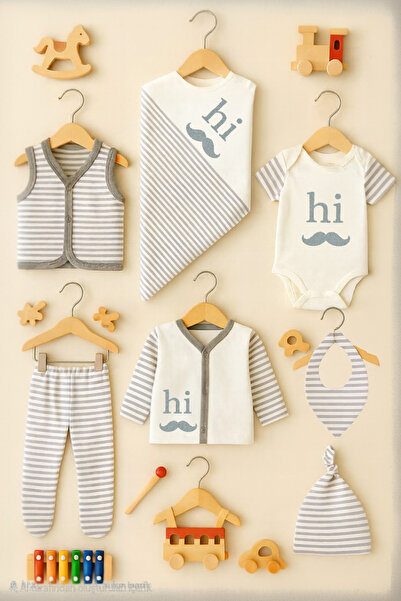 bebekpare Hospital Discharge Set / Newborn Set 100% Cotton Striped Hi