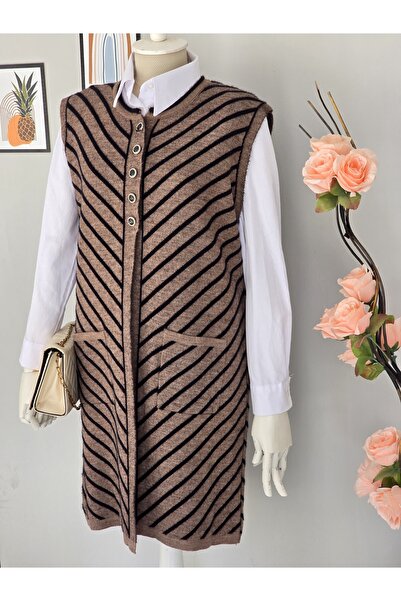 ENDAMIM Long Wool Knitwear Front 3 Buttons Striped Plus Size Knitwear Vest