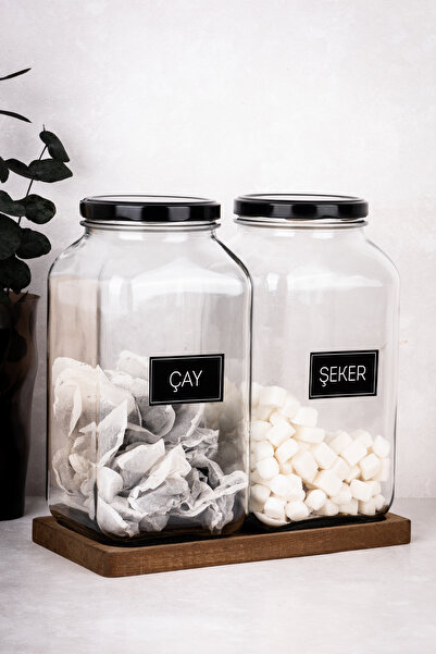 Dolkin Home 2'li 3 Litre Kavanoz Seti Ahşap Stantlı Çay Şeker Etiketli 3000 ml Metal Kapaklı Cam Kavanoz Seti