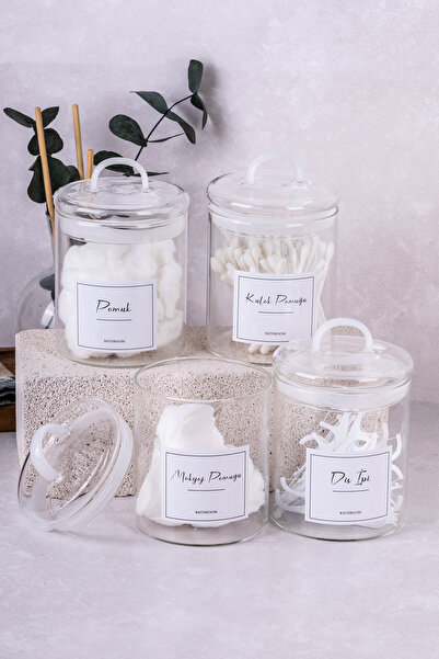 DNS HOME Set de 4 din bumbac, cu etichetă, set de baie din sticlă, bumbac pentru urechi, ață dentară din bumbac, set de recipiente de depozitare pentru bumbac pentru machiaj