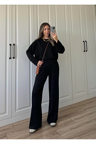 manana fashion Siyah %100 Modal Kumaş Oversize Eşofman Takımı