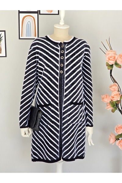 ENDAMIM Striped 3 Button Long Plus Size Knit Cardigan