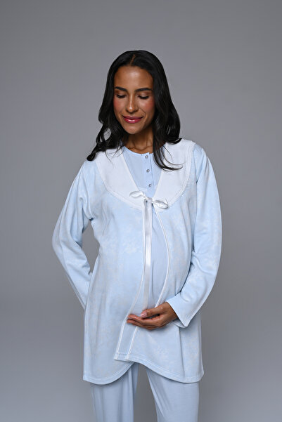 Lohussa Women's Blue Jacquard Winter Pearl Stone Special Design Maternity Maternity Dressing Gown Pajama Set