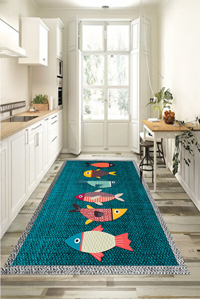 EVİMSEN Dekoratif Dijital Baskılı Yıkanabilir ve Kaymaz Tabanlı Balık Desenli...
