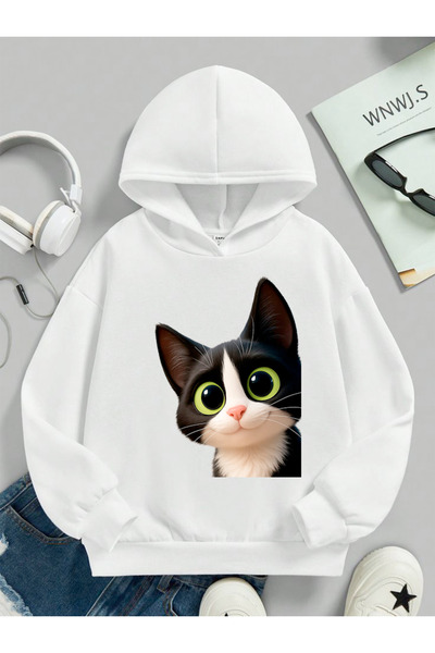 stil x Детска суитшърт с качулка и принт на сладки котки
