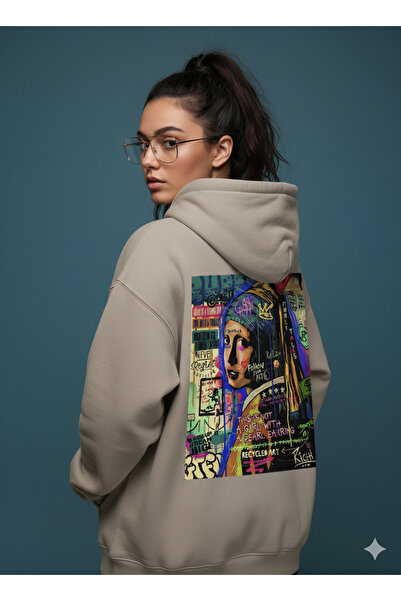 By Caspita Fashion Lenithra Pearl Earring Girl Back Printed Unisex Oversize Beige Hoodie