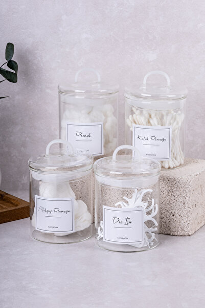 DNS HOME Set de 4 din bumbac, cu etichetă, set de baie din sticlă, bumbac pentru urechi, ață dentară din bumbac, set de recipiente de depozitare pentru bumbac pentru machiaj