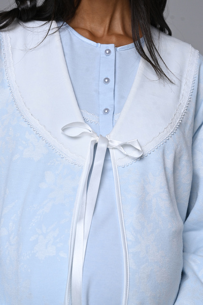 Lohussa Women's Blue Jacquard Winter Pearl Stone Special Design Maternity Maternity Dressing Gown Pajama Set