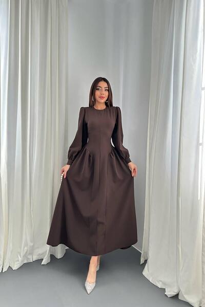 AYSHAN فستان بني أنيق على شكل حرف A مع أكمام بالونية