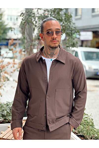 manch collection Kendinden Desenli Gömlek Pantolon Takım Kahverengi