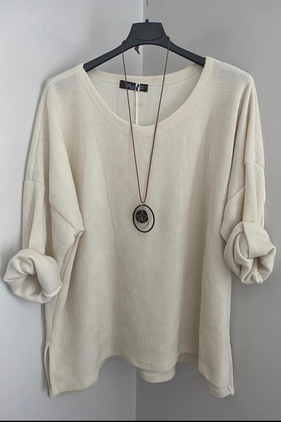 AYASOFYA OTANTIK Women's Italian Ecru Plain Pattern Casual Overseize Long Sleeve Velvet Blouse Tunic with Necklace Accessories