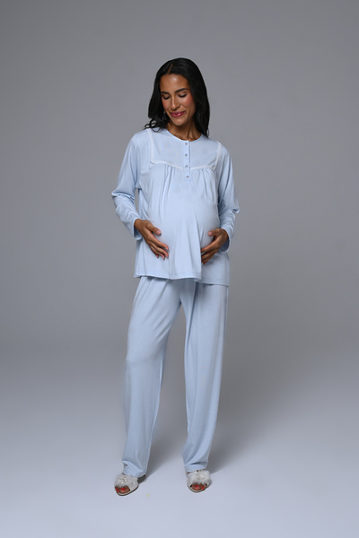 Lohussa Women's Blue Jacquard Winter Pearl Stone Special Design Maternity Maternity Dressing Gown Pajama Set