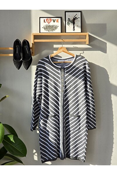 ENDAMIM Striped 3 Button Long Plus Size Knit Cardigan