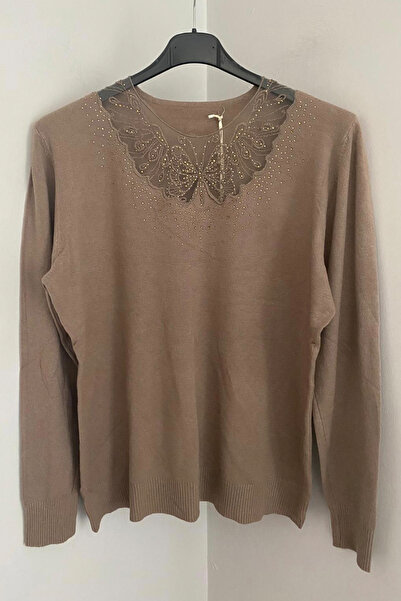 AYASOFYA OTANTIK Women's Italian Mink Collar Round Butterfly Lace Detailed Long Sleeve Angora Sweater Blouse